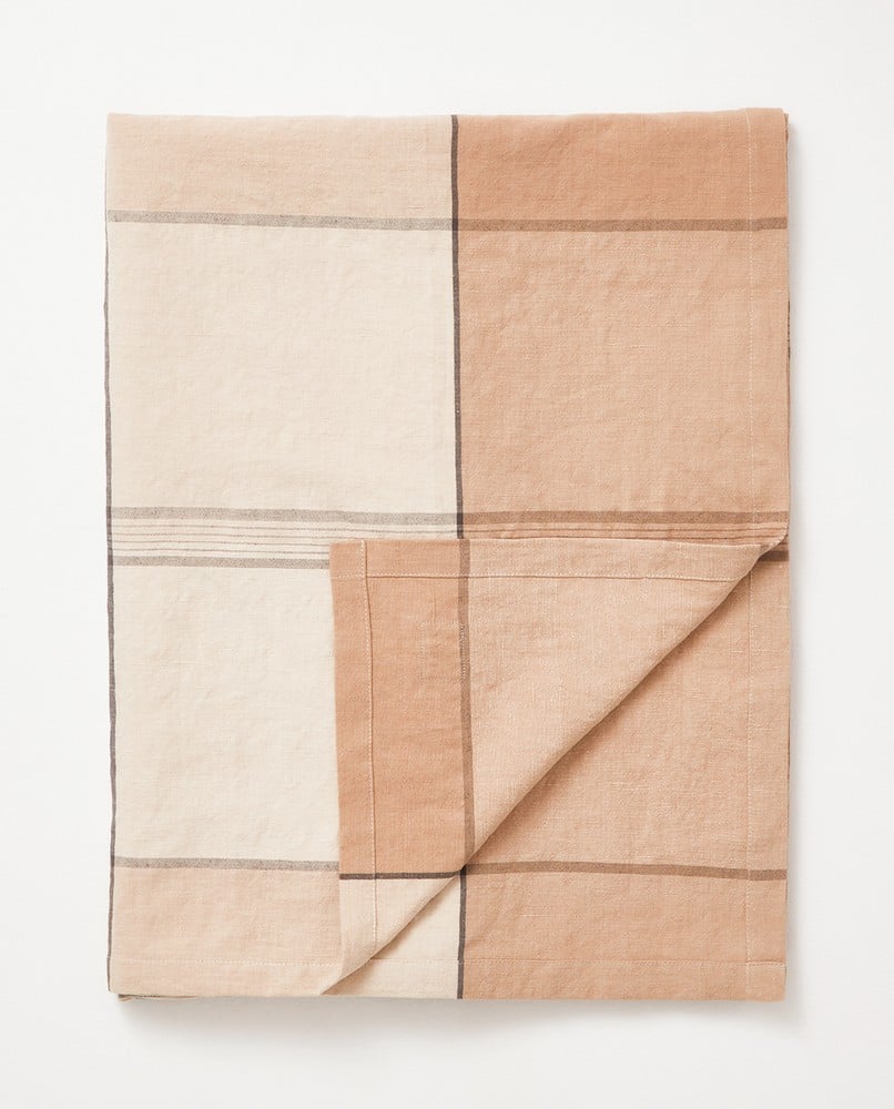 Rutig Bordsduk I Linneblandning Beige/Vit 150x250 Lexington